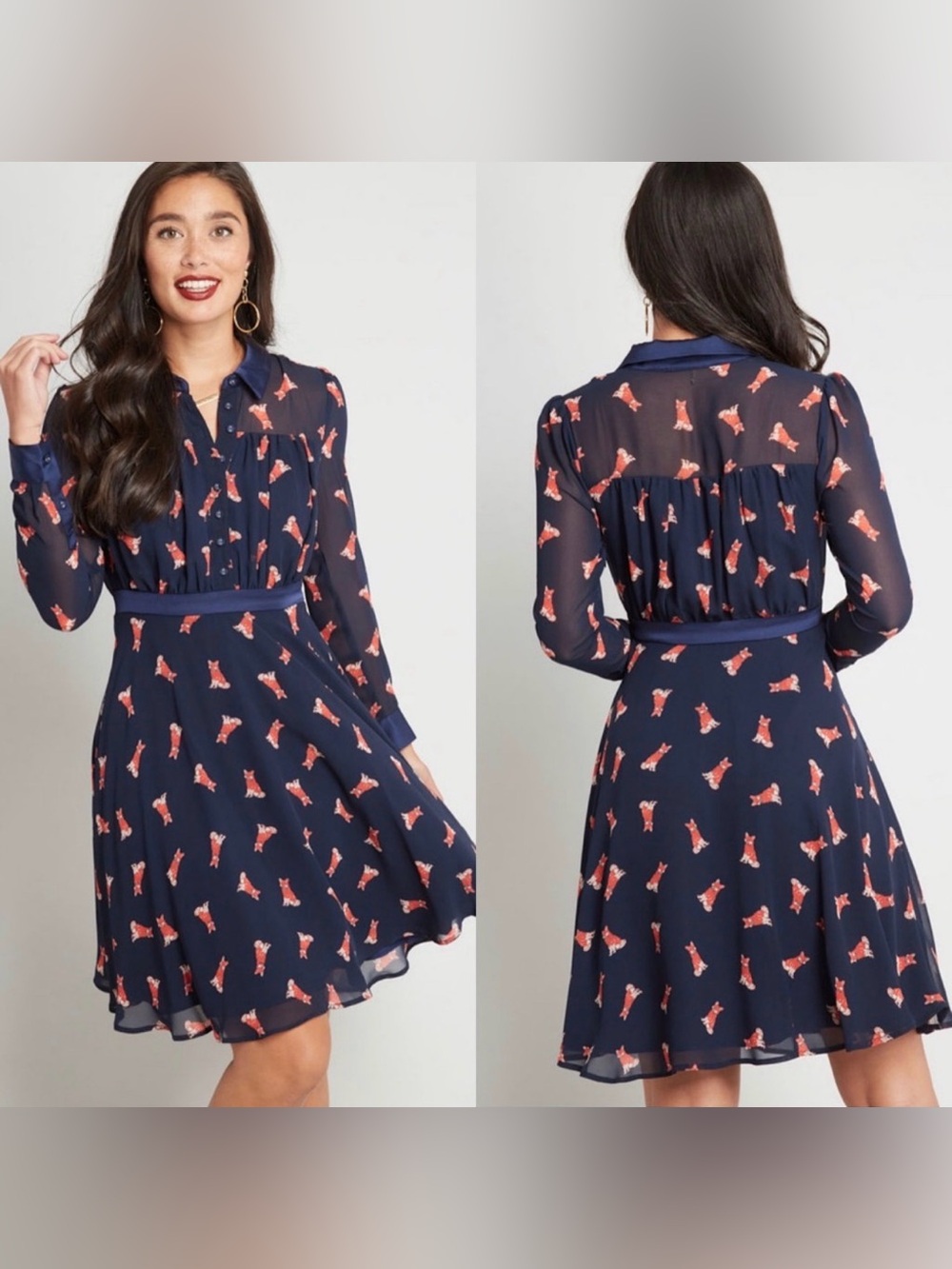 EUC: ModCloth Navy Chiffon Fox Print Shirt Dress